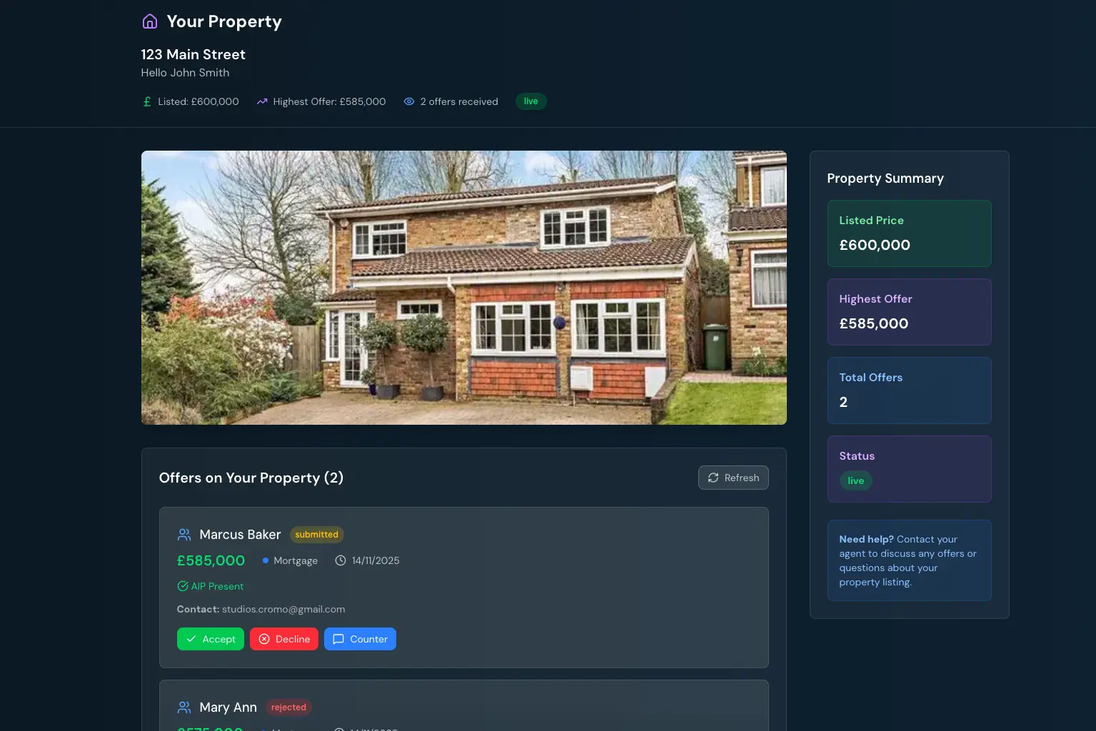Seller Dashboard Preview - Real-time Offer Tracking